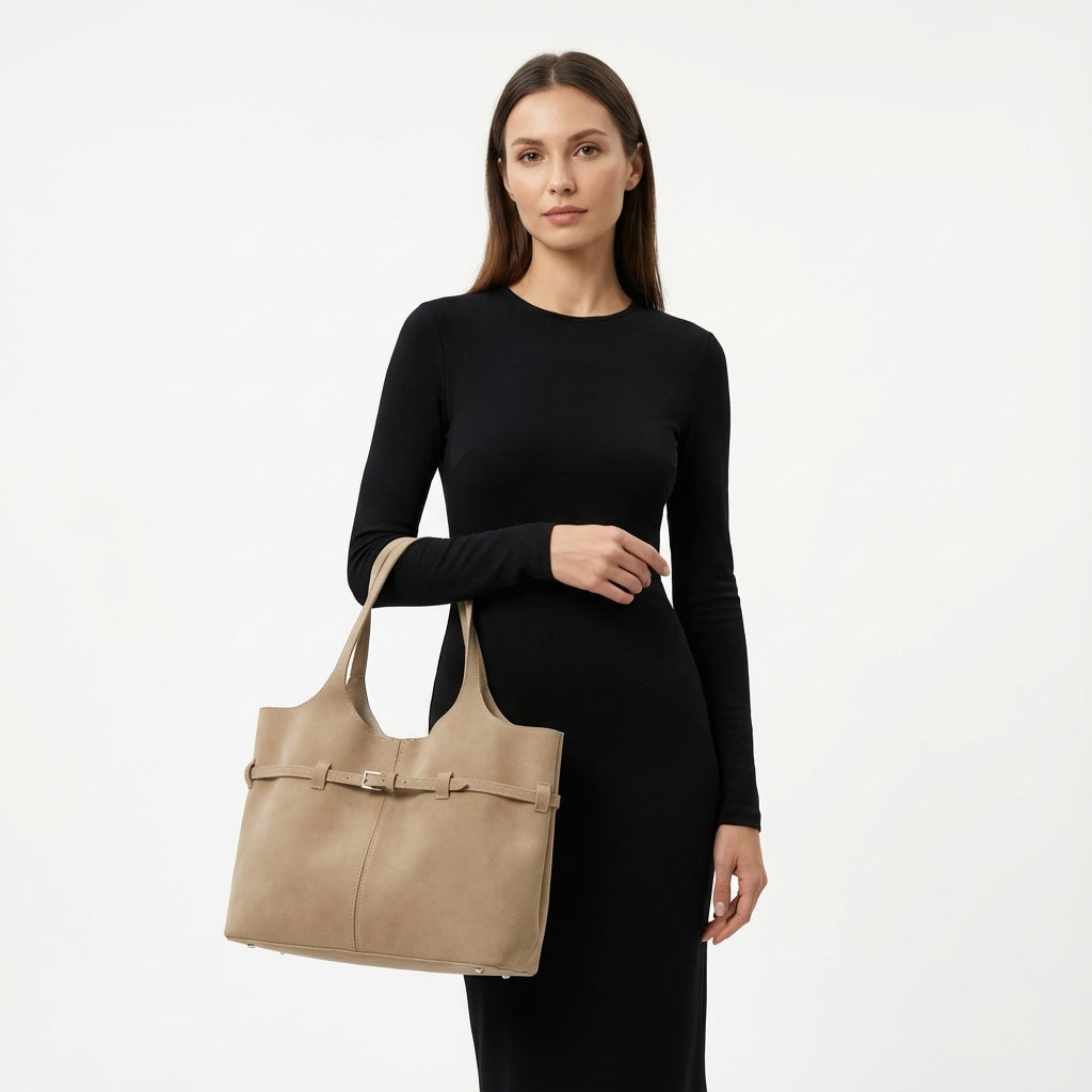 Kemer Detaylı Süet Görünümlü Büyük Boy Omuz Çantası