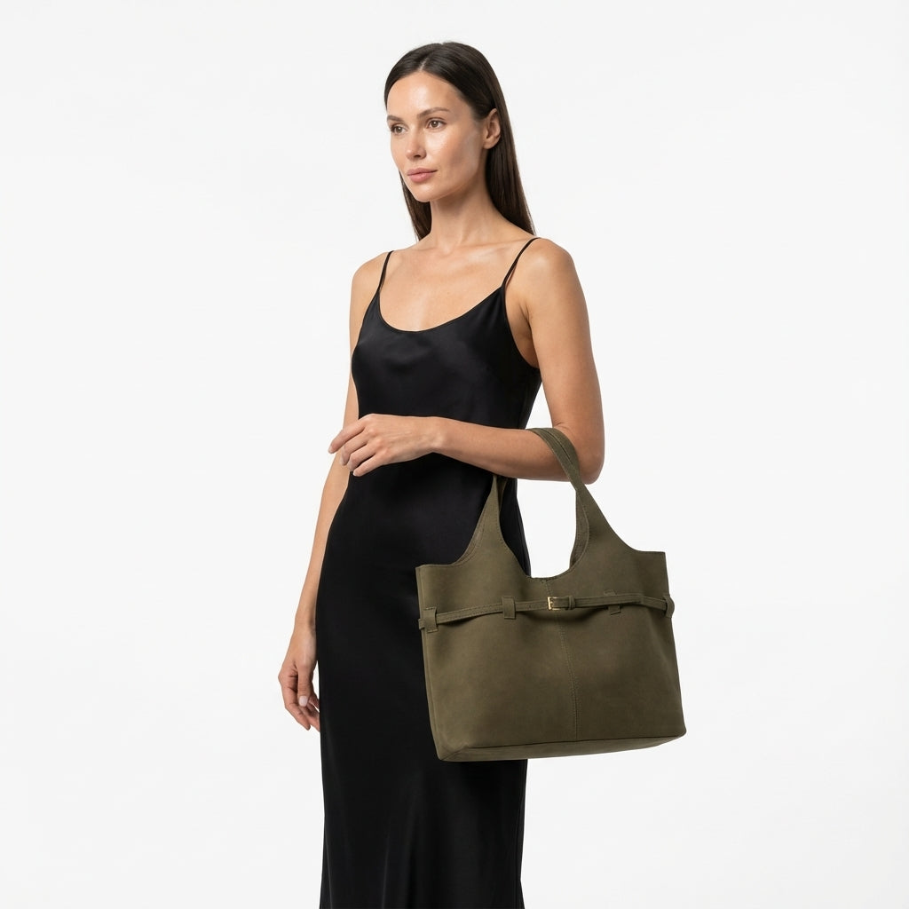 Kemer Detaylı Süet Görünümlü Büyük Boy Omuz Çantası