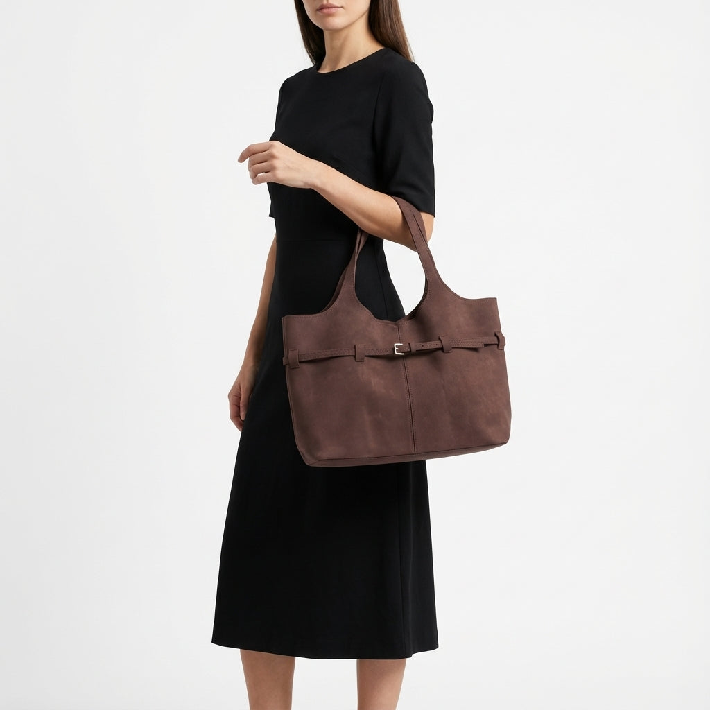 Kemer Detaylı Süet Görünümlü Büyük Boy Omuz Çantası