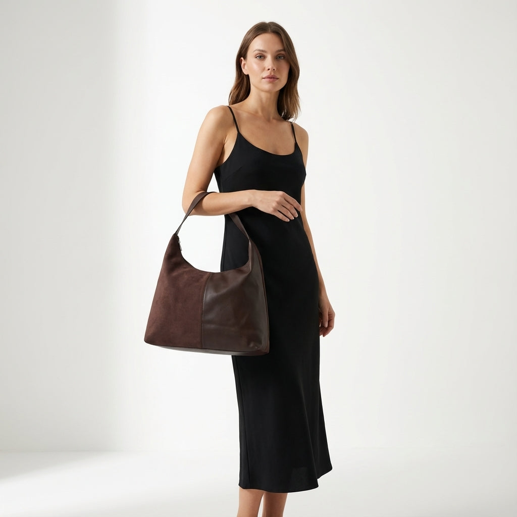 Süet ve Deri Görünümlü İki Dokulu Modern Omuz Çantası