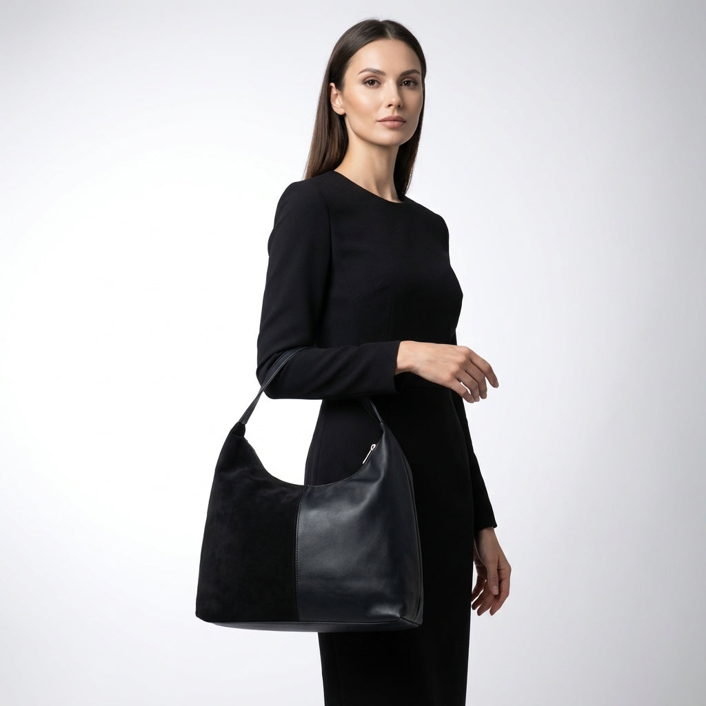 Süet ve Deri Görünümlü İki Dokulu Modern Omuz Çantası